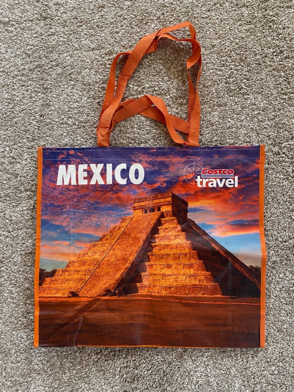 New Costco Travel Reusable Tote Bag Orange Mexico Chichen-Itza Grocery Carryall